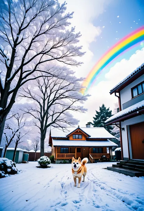 landscape photo of snowing winter, garage house , ultra low angle, running white Shiba-Inu, lot of trees, lomography, cloudless sky with rainbow