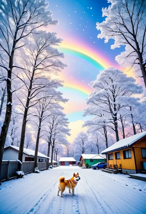 landscape photo of snowing winter, garage house , ultra low angle, running white Shiba-Inu, lot of trees, lomography, cloudless sky with rainbow