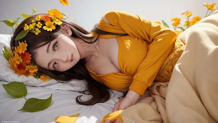 32k, Masterpiece, Highest quality, One girl, Brown Hair, Detailed eyes, flower,Lantana, Yellow and orange style,A dreamy, romantic piece,Pale yellow, Mysterious Leaves,A playful arrangement,Fantasy,High Contrast,Ink strokes,explosion,Exposure, Impression o...