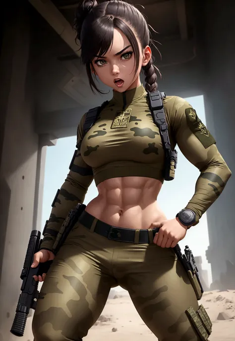 A girl in the army, wearing a tight-fitting uniform highlighting her athletic body, a short top, and camo pants, carrying a Glock 9mm. Dynamic posing, detailed musculature, vibrant color palette, anime style, hyperdetailed, intense expression, 8k resolutio...