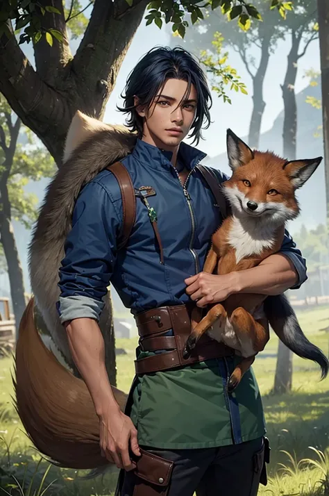 Tanned young man, mid-length dark blue hair, green eyes, hunter, hunting outfit, accompanied by a large fox.