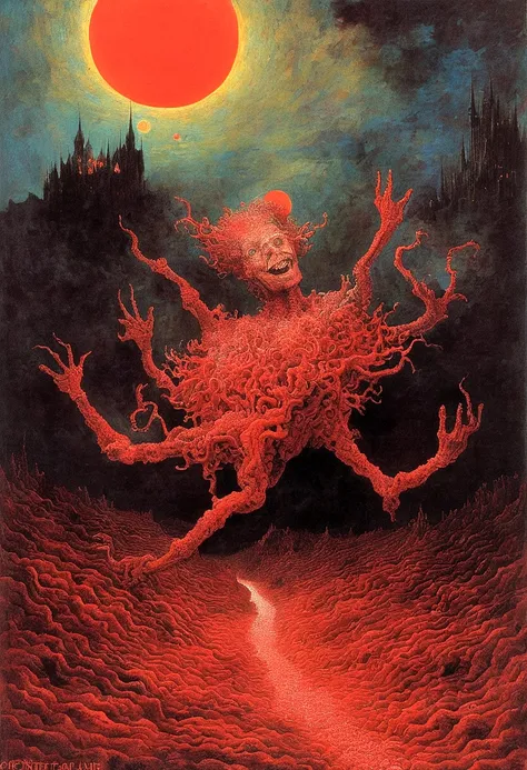 Mythical creatures, author：Zdzislaw Beksiński and Vincent Van Gogh, Album cover, romantic, Surrealism, Futuristic ,Smiling Corpse, Coral, Wizard, Abstracted, dark, red, landscape