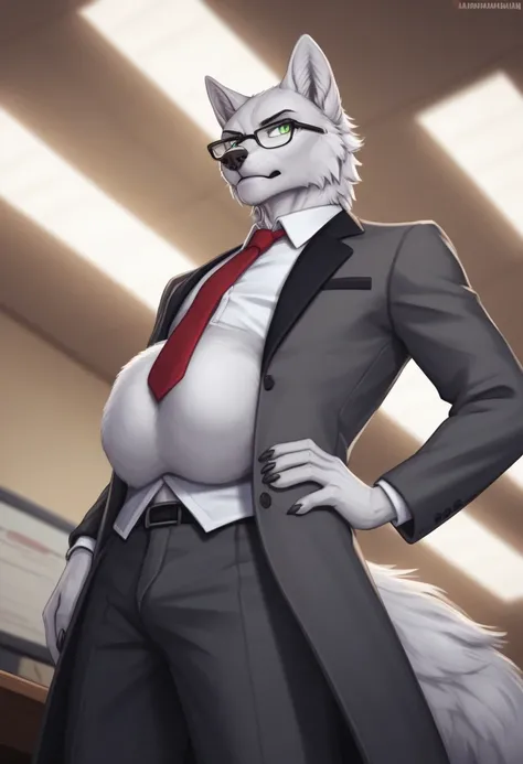 mordecai heller, wolf, solo, green sclera, walking in an office, night time, detailed paws, ((detailed face, (detailed eyes), by zackarry911, by zaush, thin body, (by personalami:0.5), solo, looking away from the viewer, 1boy, male focus, glasses, coat, ha...