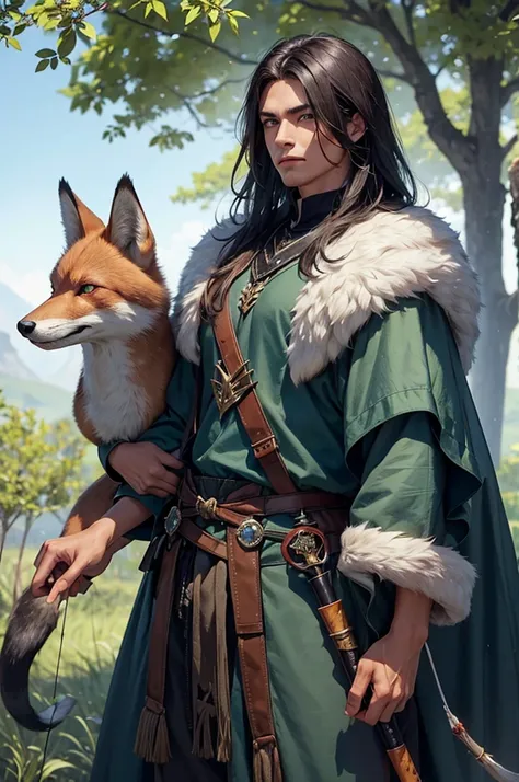 Tanned young man, dark blue mid-length hair, green eyes, hunter, hunting outfit, accompanied by a giant fox, quiver of arrows, arms crossed.