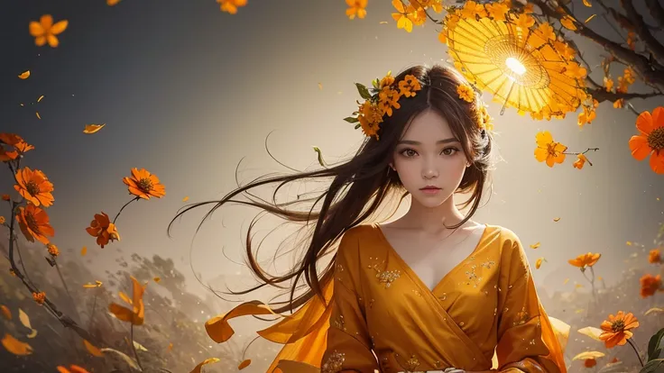 32k, Masterpiece, Highest quality, One girl, Brown Hair, Detailed eyes, flower,Lantana, Yellow and orange style,A dreamy, romantic piece,Pale yellow, Mysterious Leaves,A playful arrangement,Fantasy,High Contrast,Ink strokes,explosion,Exposure, Impression o...