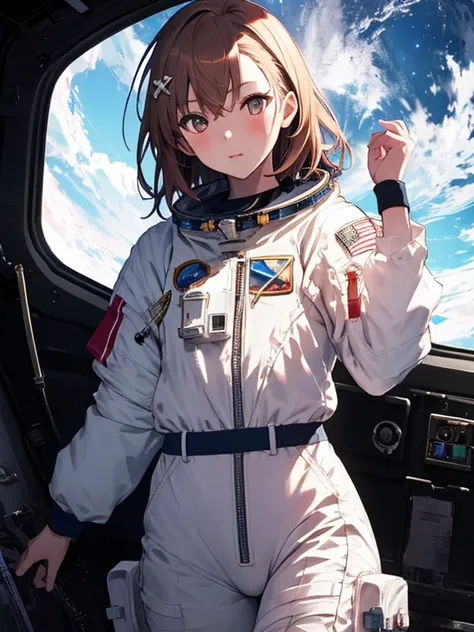 astronaut, (masterpiece), Spacewalk, highest quality, Misaka Mikoto, 1girl, uhd, retina, masterpiece, ccurate, anatomically correct, textured skin, super detail, high details, high quality, best quality, highres, 4K