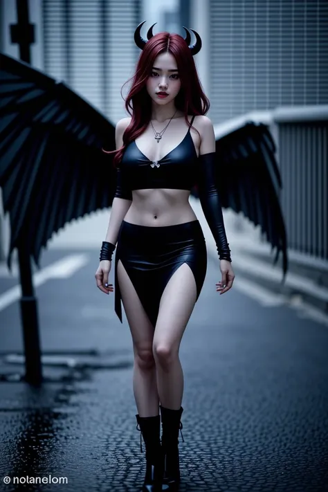 Devil Girl,Devil Woman,Horns on the head,woman,Wings on the back,Full body photo,Slim figure,Tears of Blood,Casual clothing,Gorgeous necklace,City of night