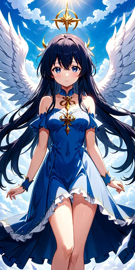 anime girl in blue dress with long hair and white wings, Anime goddess, offcial art do anime, anime girl named Lucy, daytime ethereal anime, ethereal anime, High School Dxd, alicization, offcial art, Anime princess, Seraphim, girl angel knight, in ryuuou n...