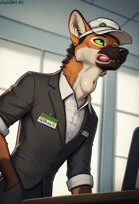 Maned wolf, brown primary fur, white secondary fur, solo, green sclera, walking in an office, night time, detailed paws, ((detailed face, (detailed eyes), by zackarry911, by zaush, thin body, (by personalami:0.5), solo, looking away from the viewer, 1boy, ...