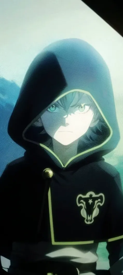 anime boy with the hood up in a baggy black hoodie and black pants with purple eyes and black hair and has purple fire