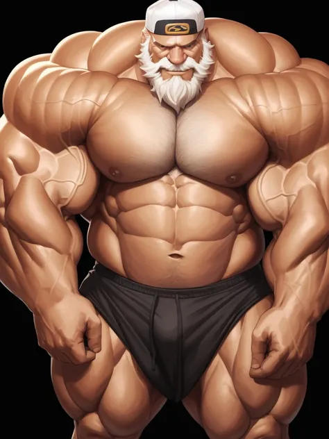 huge muscular old man , black background , wearing baseball hat, happy, pectoral, thick arms, huge pectoral, Puff out chest:1.2, bigger pec, bigger pectoral, hyper pec, hyper pectoral, extremely huge pectoral, wide pectoral, white hair, white beards,  mast...