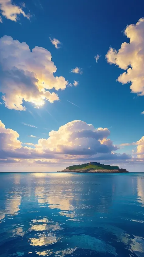 (Highest quality,masterpiece:1.3,Ultra-high resolution),(Very detailed,Caustics,8K), (Realistic:1.4, RAW shooting),clear blue sea,blue sky,White cloud,island,sun,Natural light