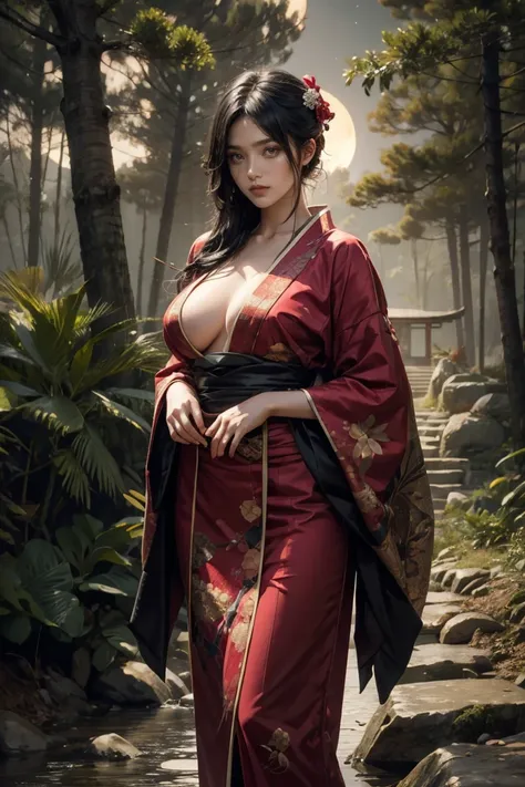 Seductive and mysterious girl with long black hair, Big Breasts:1.0, Slanderous body, Dress in traditional Japan costumes, Standing in the moonlit forest. This illustration was inspired by the manga series character Ragawa Kiriko.。 "Akatsuki no Yona". The ...