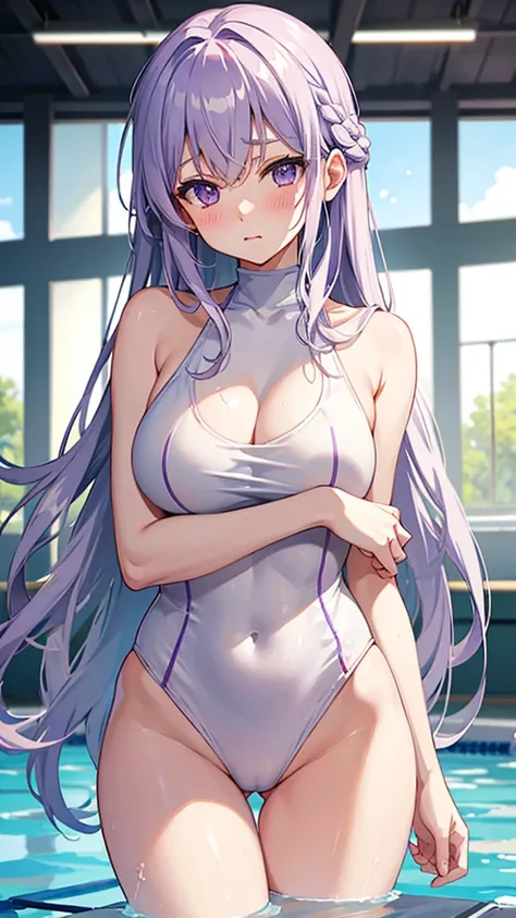 White competitive swimsuit　Purple long hair　Great style　Large breasts　blush　Embarrassed　School swimming pool