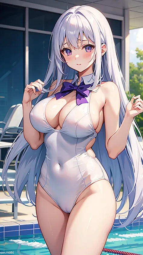 White competitive swimsuit　Purple long hair　Great style　Large breasts　blush　Embarrassed　School swimming pool