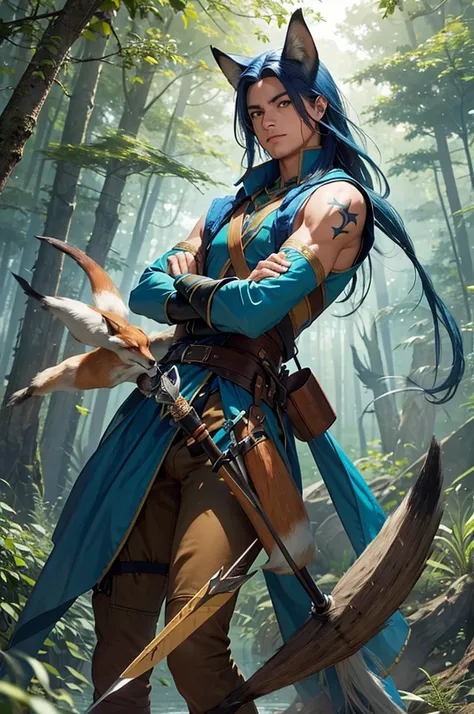 Tanned young man, blue mid-length hair, green eyes, hunter, tight outfit, hunting, accompanied by a large fox, arrow quiver, arms crossed.