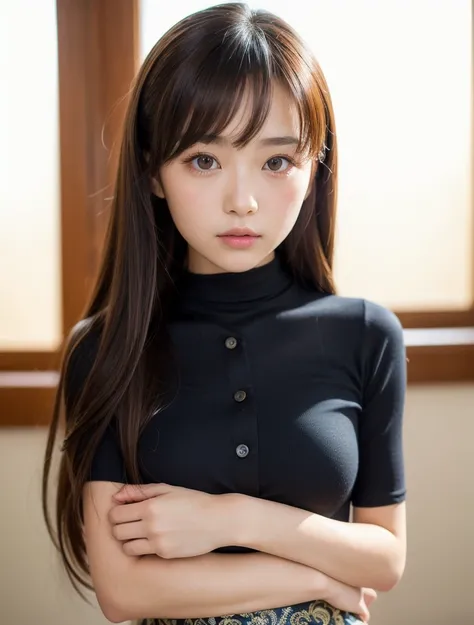 best quality, face focus, soft light, ultra high res, (photorealistic:1.4), RAW photo,
1japanese girl, solo, cute, (pupil, lights in the eyes),  detailed beautiful face, (small chest),(high resolution detail of human skin texture),
(long hair),
indoor,
Dam...