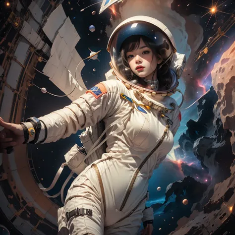 (An astronaut in a spacesuit floats in the center of the screen in front of a nebula:1.8５)、A stunning detailed illustration of the Orion Nebula、Surreal、8K、High resolution、masterpiece、Cinematic lighting、Dramatic atmosphere、Glowing celestial bodies、Bright co...