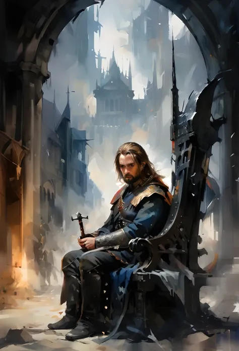 Masterpiece Illustration, high quality, high resolution 16k, a painting of a man sitting on top of a throne holding a sword, discord profile picture, post appocalyptic, stark, phone wallpaper, scariest looking man alive, characters merged, rennaissance mas...