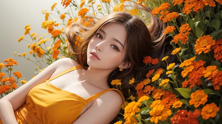 32k, Masterpiece, Highest quality, One girl, Brown Hair, Detailed eyes, flower,Lantana, Yellow and orange style,A dreamy, romantic piece,Pale yellow, Mysterious Leaves,A playful arrangement,Fantasy,High Contrast,Ink strokes,explosion,Exposure, Impression o...