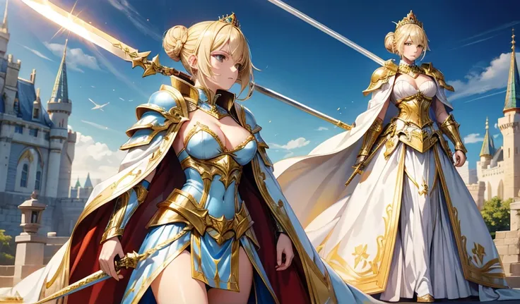 Blonde adult woman with low bun hair，gold tiara，big cloak，White Armor，cleavage，Blue armor skirt，thigh，Standing，Great sword，castle