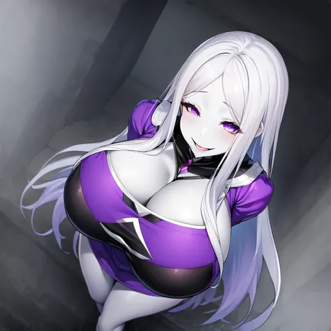 1girl,solo,white hair color,long hair,white skin,eye color purple,drooping eyes,One eye is hidden by the bangs,super huge breasts,slender,looking at viewer,Taken from the viewpoint above,upturned eyes,tilting his head and laughing,Black haze and haunting b...