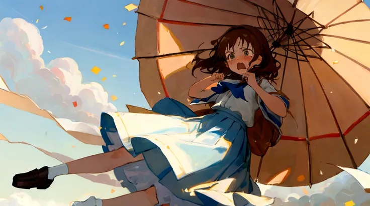 ((Highest quality)), ((masterpiece)), ((Very detailed)),Floating Girl,Angry expression，Confetti，Brown Hair,tears,Blue sky background,Feet in the air,tears,Long skirt,loafers,Raise both hands,falling girl,hold hands
