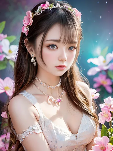 4K Ultra HD, masterpiece,Elegant and dynamic portrait，Stunningly beautiful girl, Big Breasts, Long Hair, girl, Nice face, Fine grain, Detailed lips, Flower fairy girl, , Neon Light, Galaxy Background,Floral Dress, Magenta Dress, In heaven, Sitting on a uni...