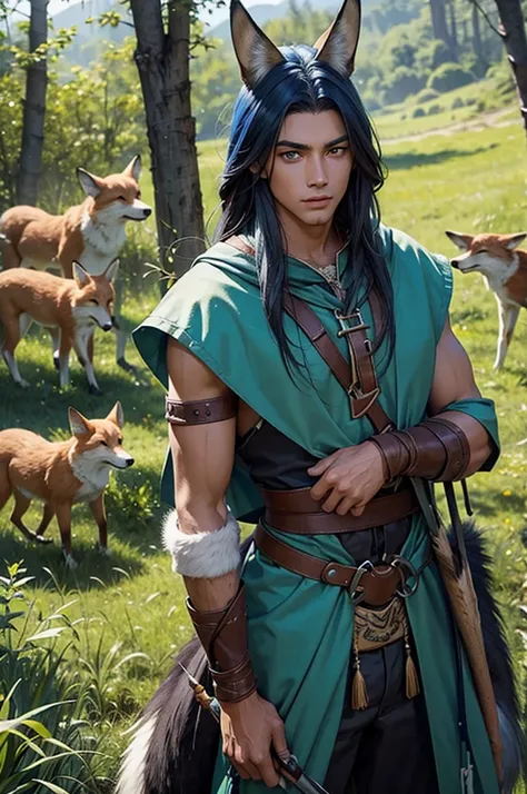 Tanned young man, blue mid-length hair, green eyes, hunter, tight outfit, hunting, accompanied by a large fox, arrow quiver, arms crossed.