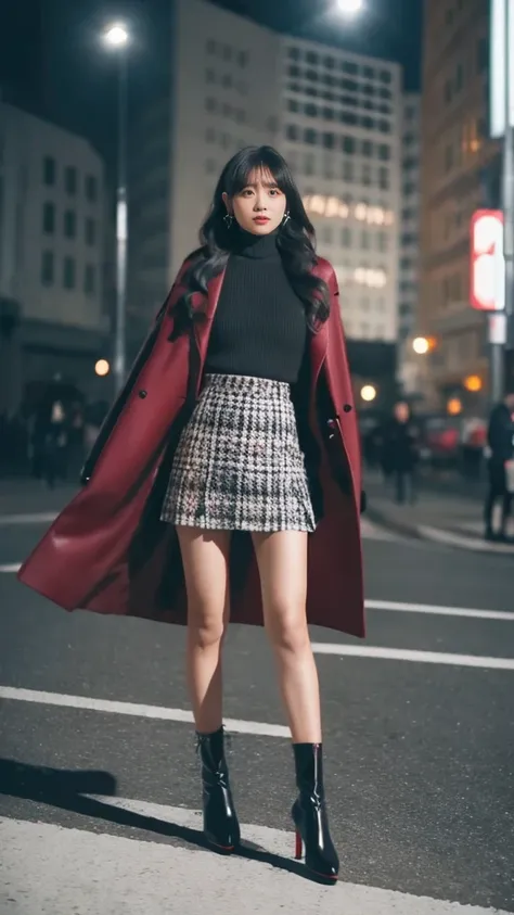 outdoor,girl wearing elegant dark red long coat,knit tops and houndtooth patterned mini skirt,pumps and black color ankle socks,fullbody standing street photo,confident face,shiny long hair,idol Instagram photo.skincolor pantyhose,wearing black leather glo...