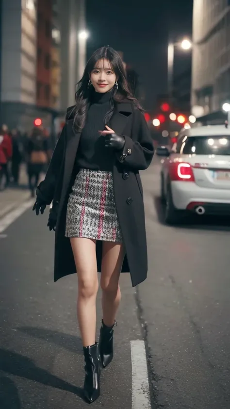 outdoor,girl wearing elegant dark red long coat,knit tops and houndtooth patterned mini skirt,pumps and black color ankle socks,fullbody standing street photo,confident face,shiny long hair,idol Instagram photo.skincolor pantyhose,wearing black leather glo...