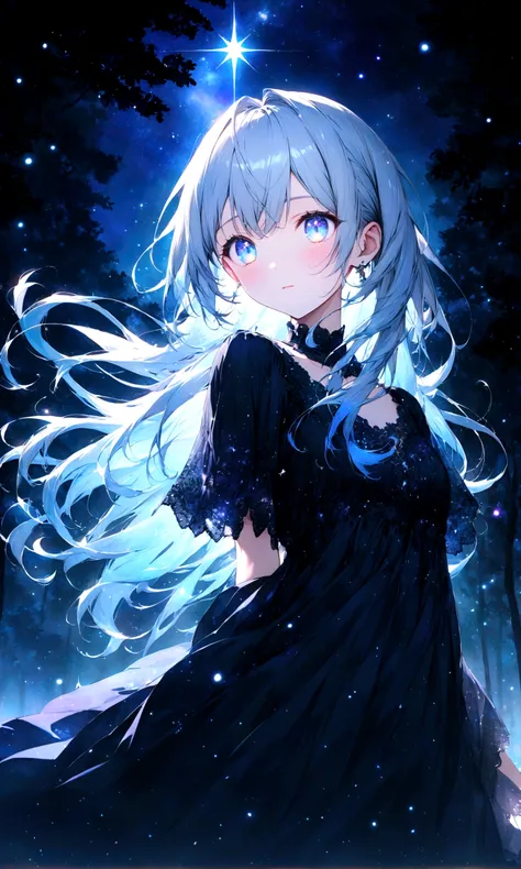 anime gile portrait,kawaii,fantastic style,one beautiful girl with starry eyes, 16-year-old girl, with silver-blue hair, long hair with gentle curls, bright blue eyes reflecting star light, wearing a dark blue dress reminiscent of the night sky with silver...