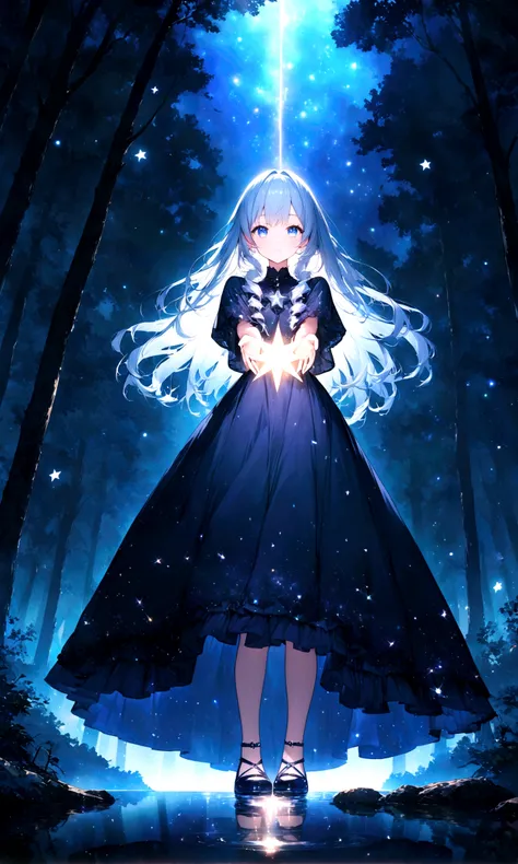 anime gile portrait,kawaii,fantastic style,one beautiful girl with starry eyes, 16-year-old girl, with silver-blue hair, long hair with gentle curls, bright blue eyes reflecting star light, wearing a dark blue dress reminiscent of the night sky with silver...