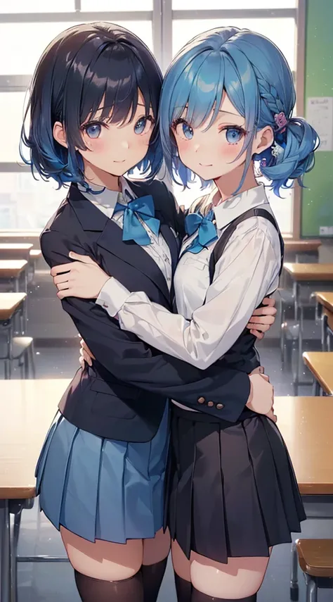 Tabletop, Highest quality, High resolution, masterpiece、Esbian all over、break(Highest qualityのイラスト:1.2), (cute女の子:1.1), (Two Girls:1.5, pair:1.5)、 (Two Girls、One Pose、Two sisters hugging in a school classroom、high school girl、break ,((my sister has blue ha...