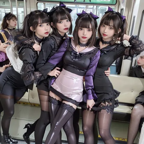 8K resolution, surreal, Super detailed, high quality, perfect anatomy, perfect proportion, masterpiece, 
((((((A group photo in crowded train at night, 3 girls, group photo)))))), 
(((((purple, satin, black face mask, jirai fashion, sailor collar, gothic d...