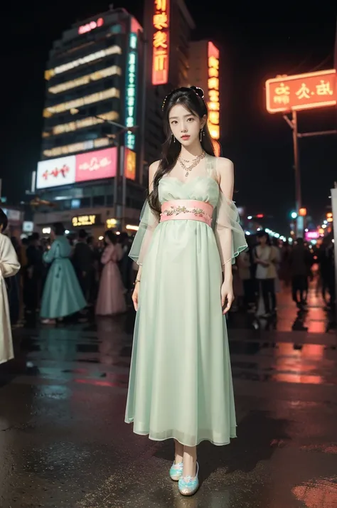 (((best quality))),(((ultra detailed))),(((masterpiece))),illustration,((1 beautiful girl,solo,korean princess)),((see through gorgeous sheer hanbok)),((slim,thin,small breasts,flat chest)),bun hair,((city streets,night scene)),delicate features,(tradition...