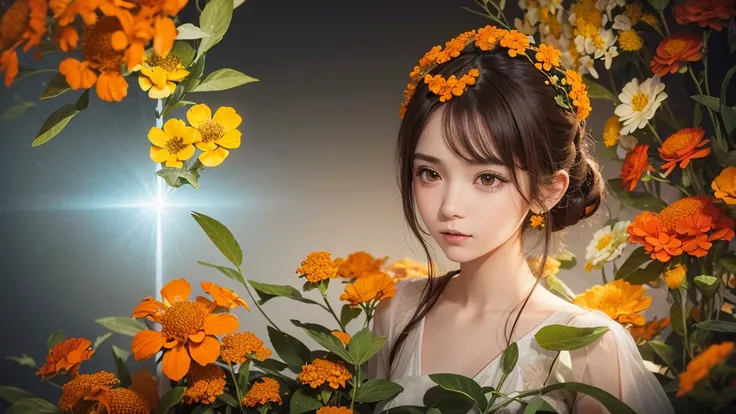 32k, Masterpiece, Highest quality, One girl, Brown Hair, Detailed eyes, flower,Lantana, Yellow and orange style,A dreamy, romantic piece,Pale yellow, Mysterious Leaves,A playful arrangement,Fantasy,High Contrast,Ink strokes,explosion,Exposure, Impression o...