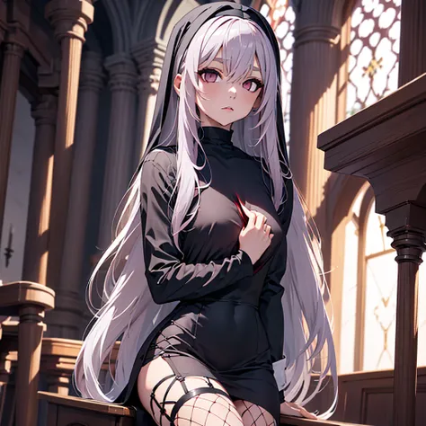 Female, ((dark mauve long hair)), traditional nun habit, slim, vampire, fishnet stockings, light red eyes, religion, solo