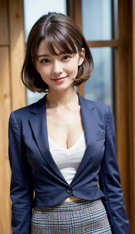 (masterpiece:1.3), (8k, photorealistic, raw photo, best quality:1.4), japanese school girl, jk suit, skirt, (random hairstyle:1.2), cleavage:1.2, super detailed face, attention to detail, double eyelids, chest pressed together, sharp focus:1.2, pretty woma...