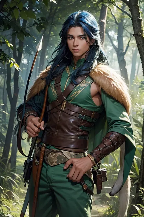 Tanned young man, blue mid-length hair, green eyes, hunter, tight outfit, hunting, accompanied by a large fox, arrow quiver, arms crossed.