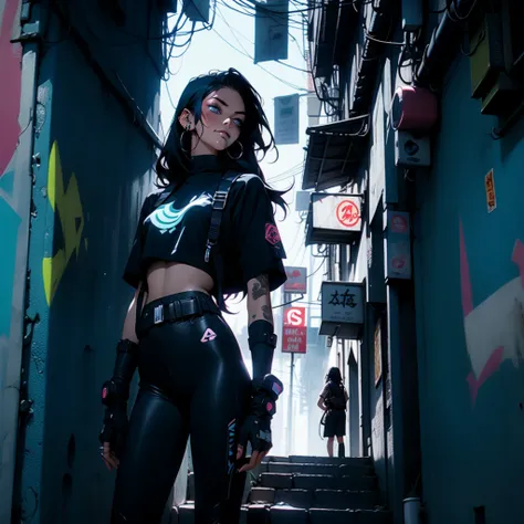 Ultra HD, anime realistic. Badass South Asian teen girl with short, windblown black hair and piercing electric blue eyes. Smirking confidently, she leans against a graffiti-covered wall in a neon-lit cyberpunk alleyway. Clad in a black tactical outfit with...