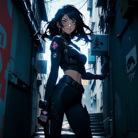 Ultra HD, anime realistic. Badass South Asian teen girl with short, windblown black hair and piercing electric blue eyes. Smirking confidently, she leans against a graffiti-covered wall in a neon-lit cyberpunk alleyway. Clad in a black tactical outfit with...