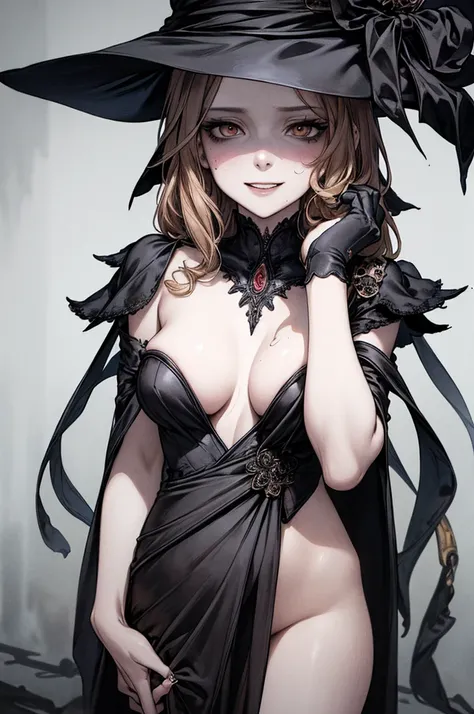 (Masterpiece: 1.2, top quality), (live action, exquisite details), (anatomically correct), (one beautiful woman, ) very beautiful woman, witch, black robe, black pointy hat, crazy look, crazy smile, bewitching, sensual, sexy, real breasts, full body, fair ...