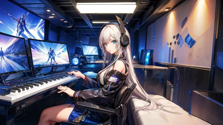 high resolution,high definition,high quality,girl playing games,gaming computer,erogeo art style, arte roffie, zero vibrations, ...