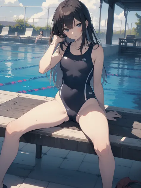 ultra-Top-quality by art God, ultra-detailed, high resolution, shinkai makoto style, anime moe artstyle, best anime 8k konachan wallpaper, pixiv contest winner, perfect anatomy, break,(Please draw a picture of a girl in a swimsuit sitting on a bench by the...