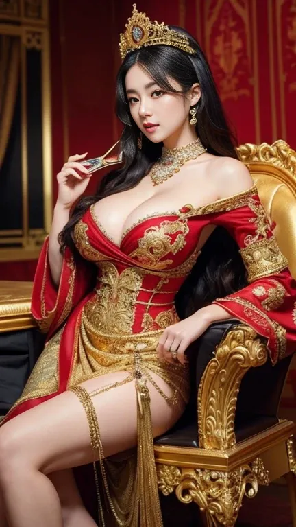 1 elegant japanese woman, beautiful detailed eyes, beautiful detailed lips, extremely detailed eyes and face, long eyelashes, intricate crown, luxurious red dress, large ornate throne, holding a fan, long black hair, voluptuous figure, photorealistic, 8K, ...