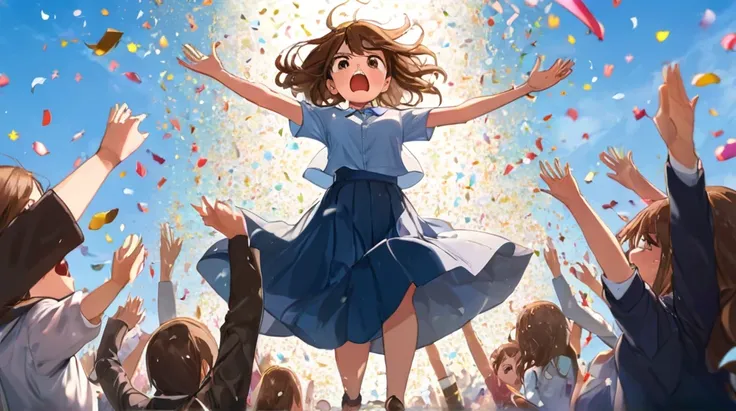 ((Highest quality)), ((masterpiece)), ((Very detailed)),Floating Girl,Angry expression，Confetti，Brown Hair,tears,Blue sky background,Feet in the air,tears,Long skirt,loafers,Raise both hands,falling girl,hold hands