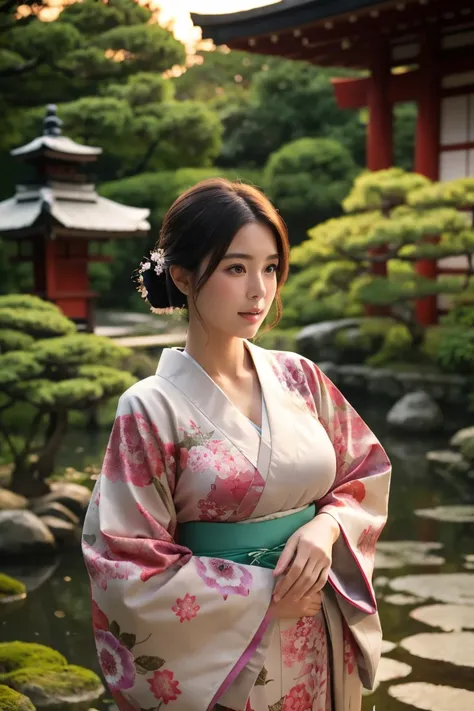 Standing in a Japanese garden、Beautiful woman、Very large breasts、(View your viewers)、nature、kimono、Japanese Clothing、Skin Details、Genuine、Dim lighting、mysterious、sunset