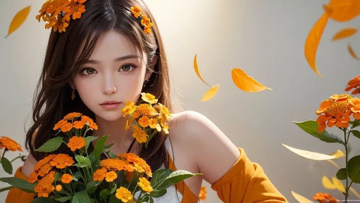 32k, Masterpiece, Highest quality, One girl, Brown Hair, Detailed eyes, flower,Lantana, Yellow and orange style,A dreamy, romantic piece,Pale yellow, Mysterious Leaves,A playful arrangement,Fantasy,High Contrast,Ink strokes,explosion,Exposure, Impression o...