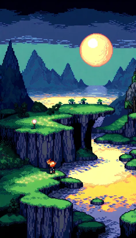 Pixel art Midnight landscape, 3d Pixel art 4k wallpaper, incredible Pixel art details, Pixel art, detailed unreal engine Pixel art, Full moon sky, Midnight.